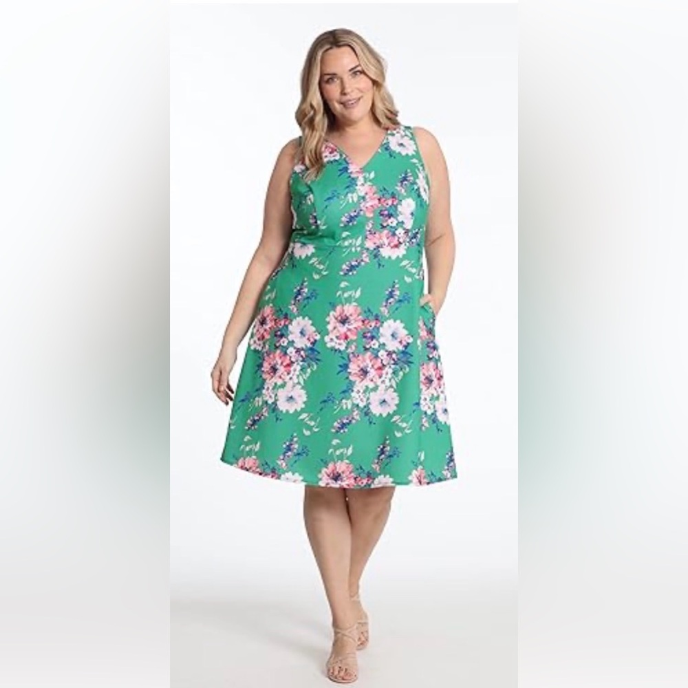 London Times Green Floral Sleeveless Midi Dress Sz 18W NWOT